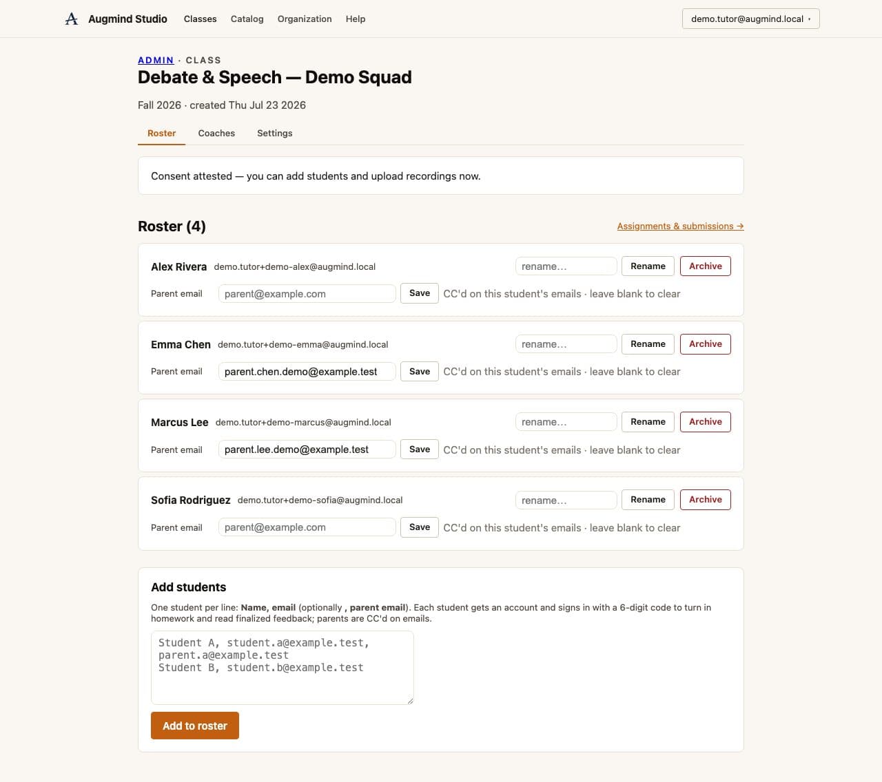 Real Augmind roster page confirming institution consent attestation