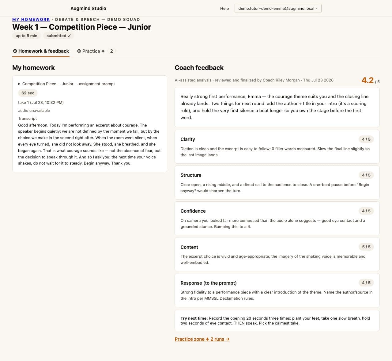 Real Augmind student feedback with rubric scores