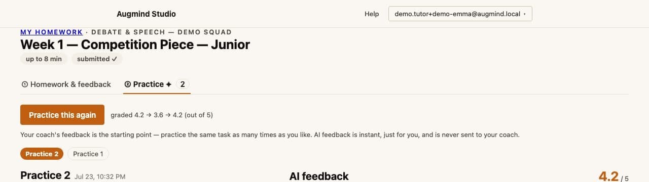 Real Augmind Practice tab unlocked after coach feedback